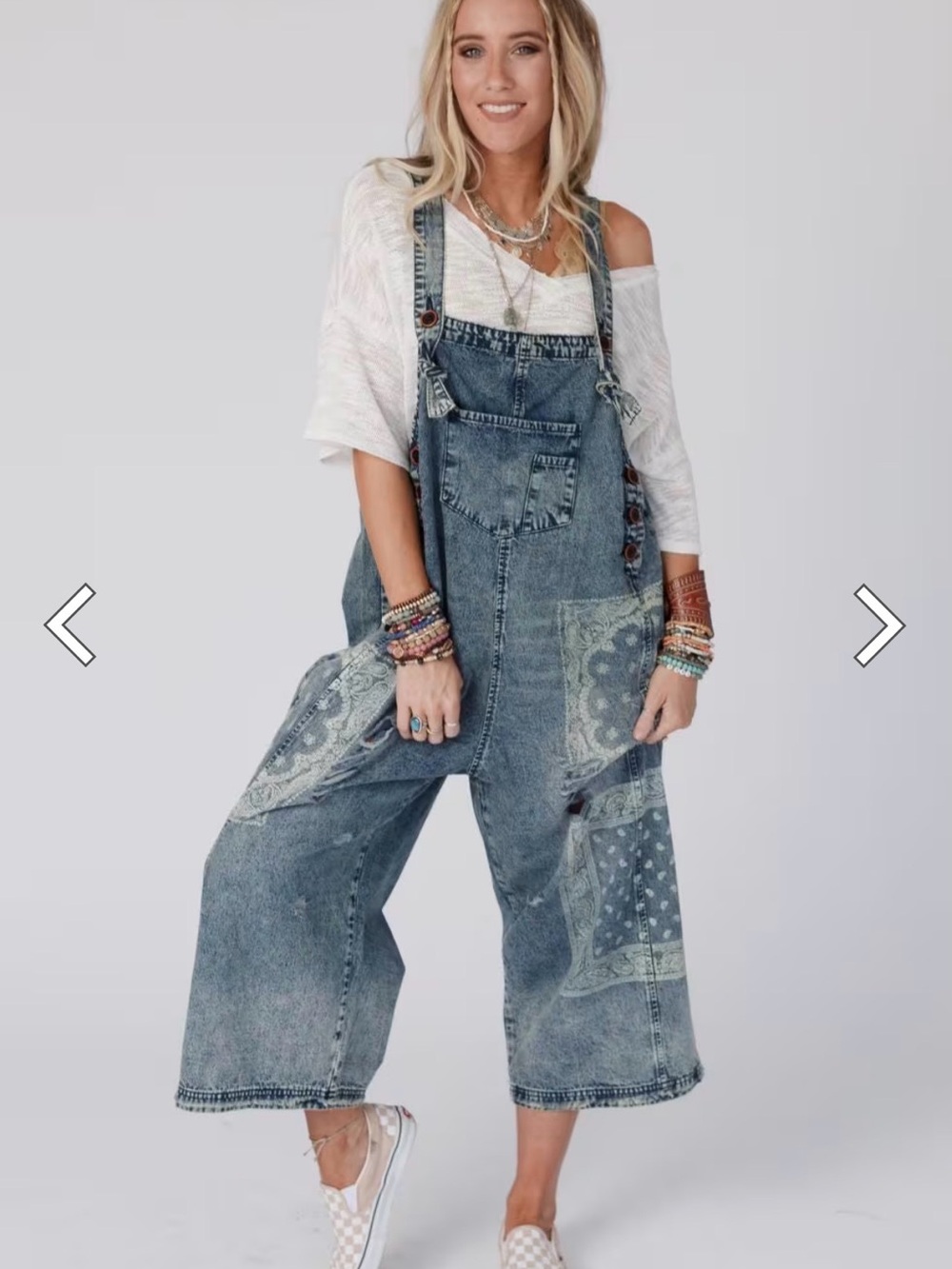 Easel Denim Bandana Patch Wide-Leg Overalls - Blue - Picture 13 of 14